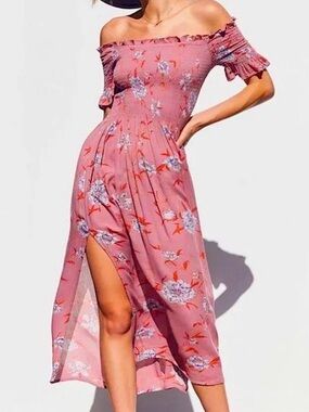 Urban Outfitters Pink Floral Strapless Midi Dress With A Slit